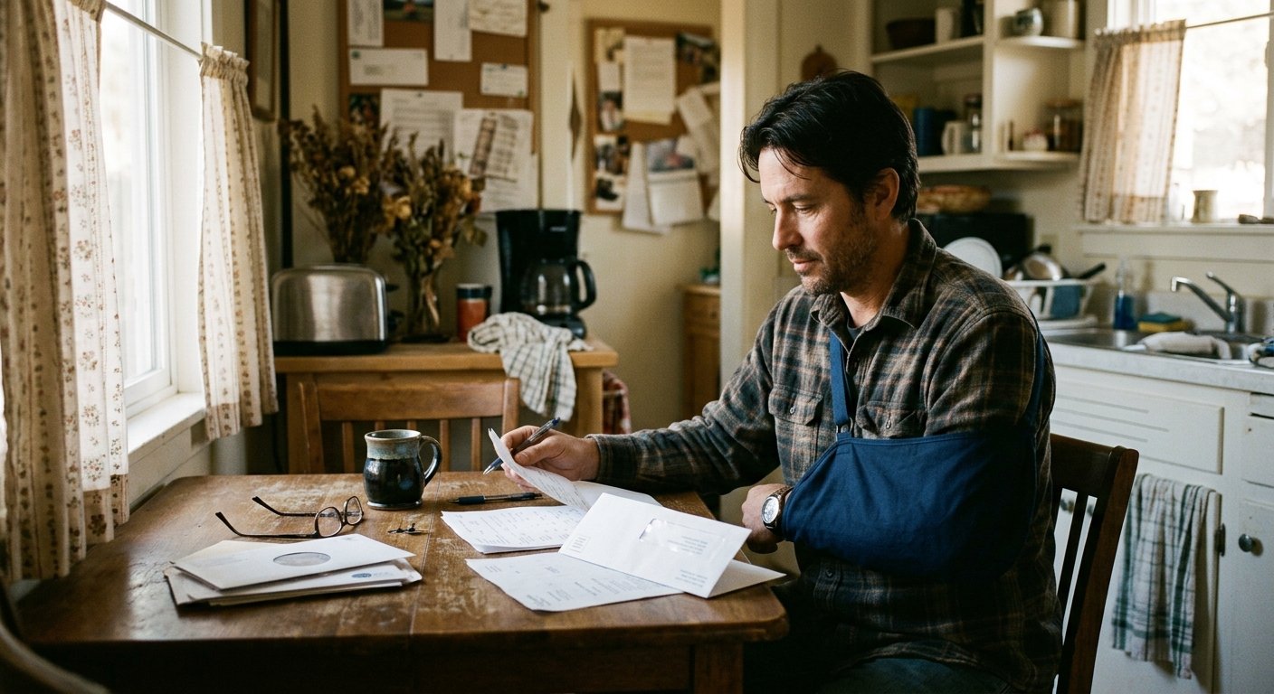 Injured man with arm in sling sitting at kitchen table reviewing documents and mail in morning light