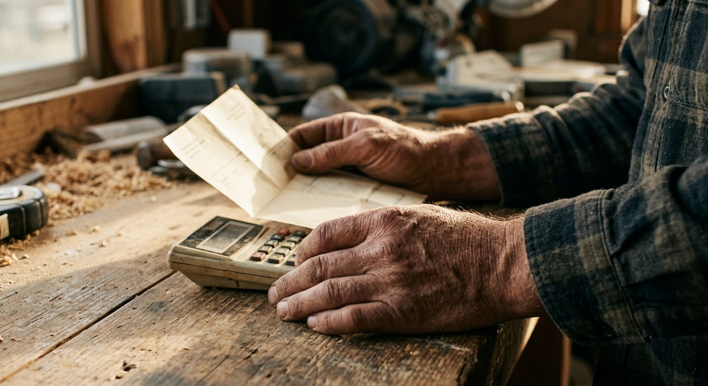 Calloused hands holding a pay stub and calculator on a dusty workbench, tools blurred in background