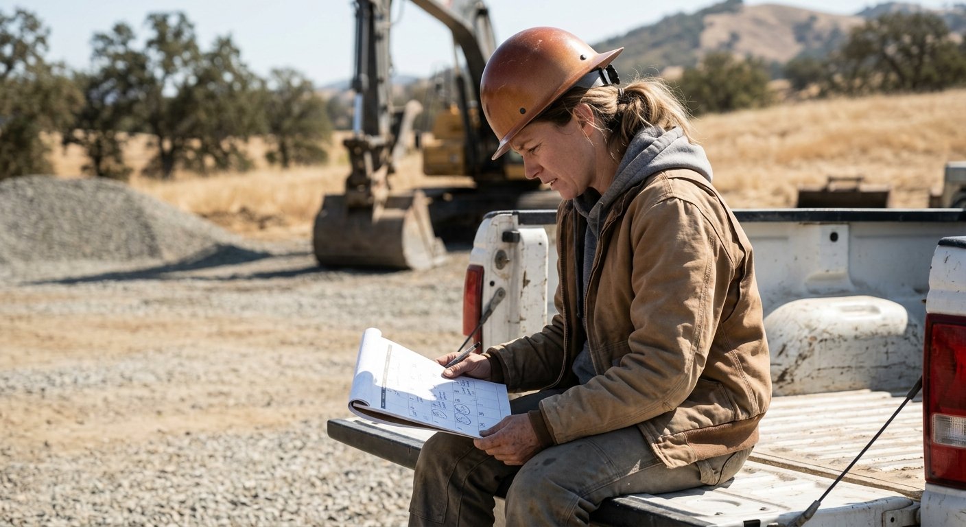 Woman in work clothes sitting on a truck tailgate reviewing a circled calendar at an outdoor job site