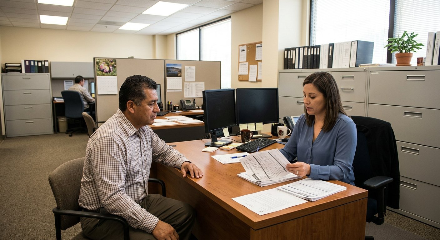 Man sitting across from a claims adjuster in a workers' compensation office, reviewing documents at a desk