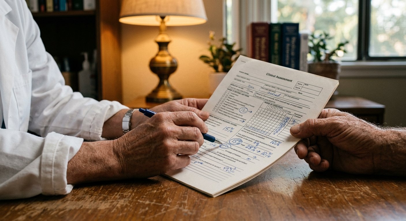 Close-up of a doctor's hands holding a printed impairment rating worksheet with a pen resting across handwritten percentage n