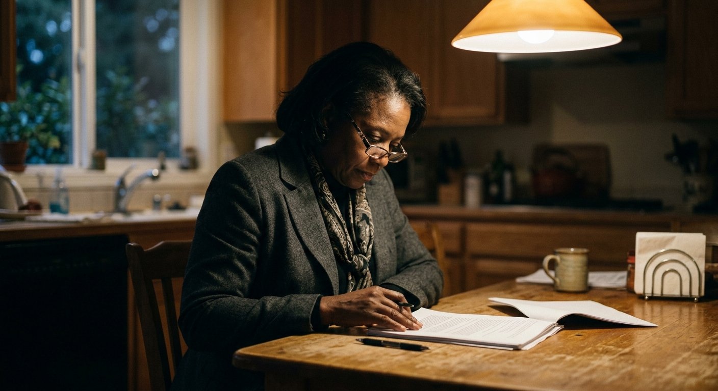Middle-aged Black woman in blazer reviewing a stack of documents at a kitchen table under warm evening light.