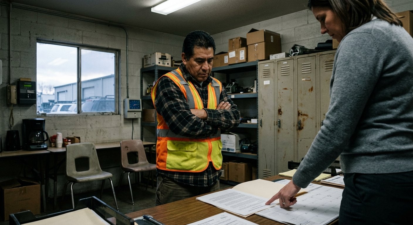 A warehouse worker in a safety vest faces a manager pointing at a document across a desk in a fluorescent-lit break room.