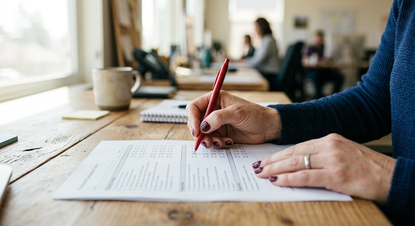 Hands holding a printed performance review form with a red pen poised over a 'Needs Improvement' checkbox on a sunlit desk