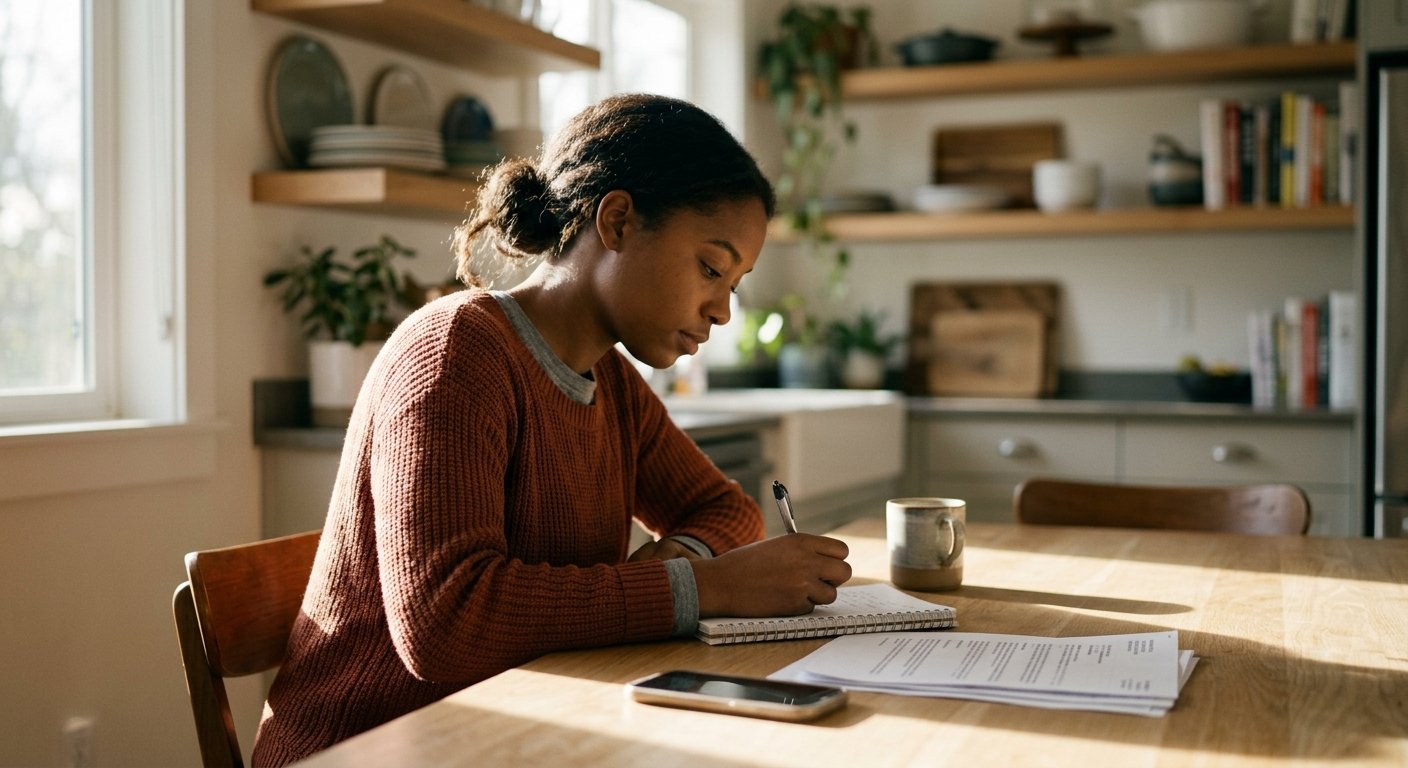 Young Black woman writing in a notebook at a sunlit kitchen table, with printed emails and a smartphone beside her.