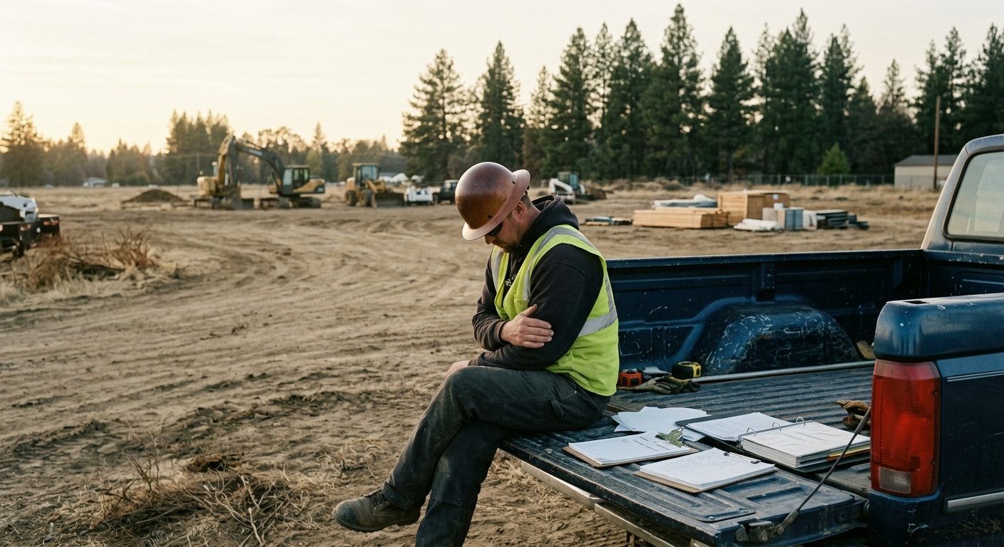 Injured construction worker sitting on a pickup tailgate in a rural job site, cradling his arm, paperwork spread beside him.