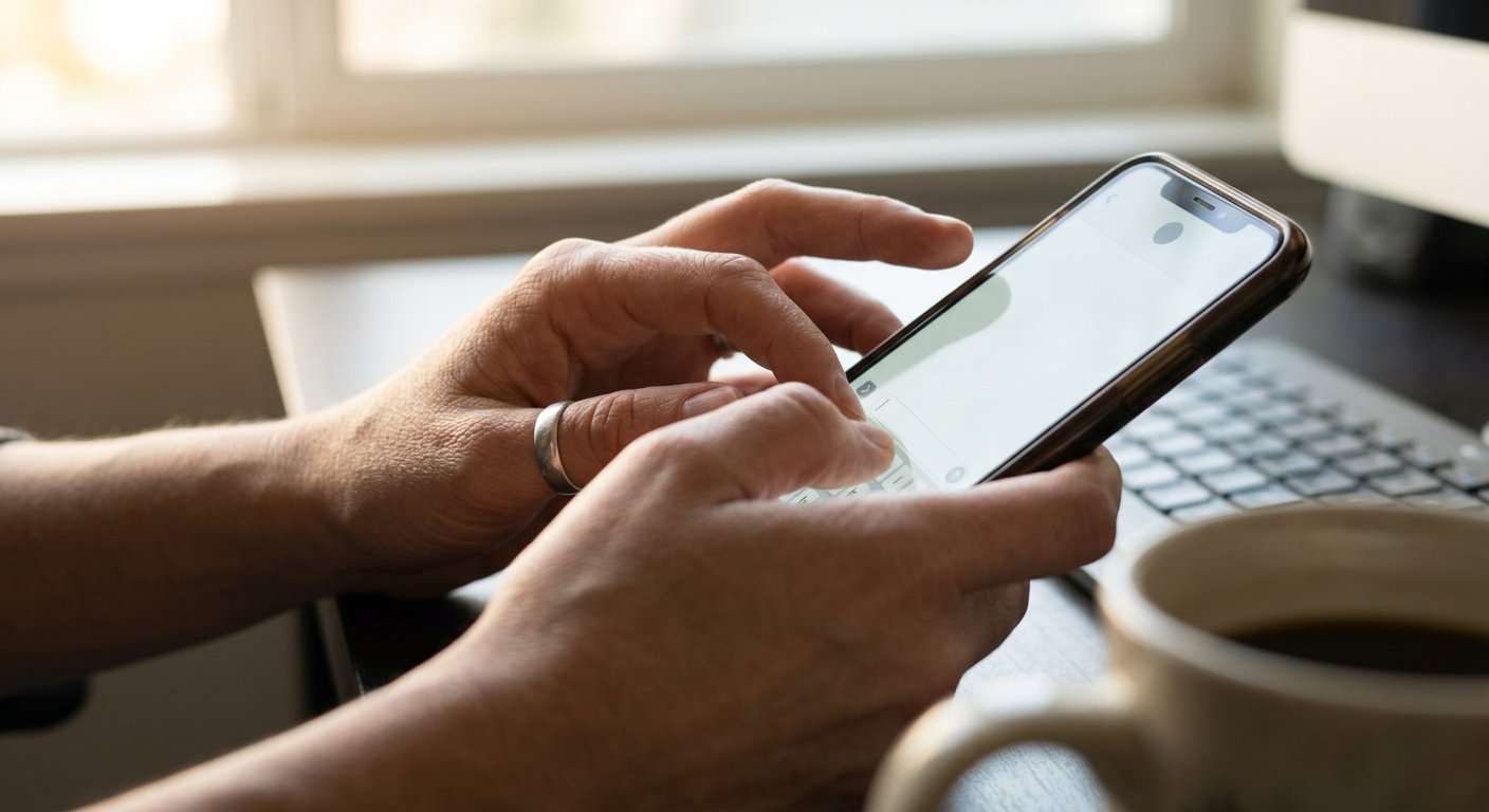 Close-up of hands typing a text message on a smartphone at a desk, warm morning light, shallow depth of field