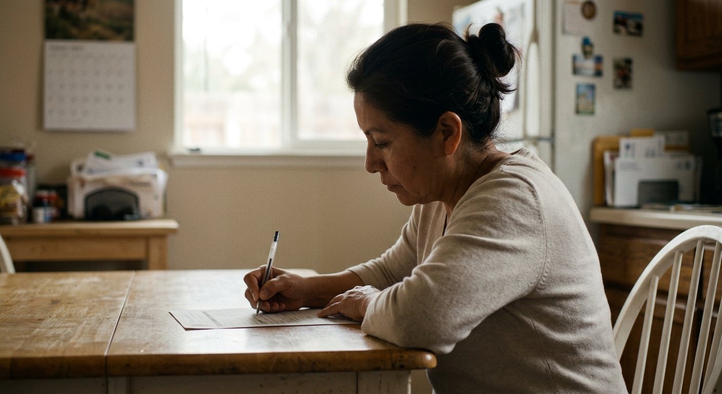 Middle-aged Latina woman writing on a paper claim form at a home kitchen table in soft morning light