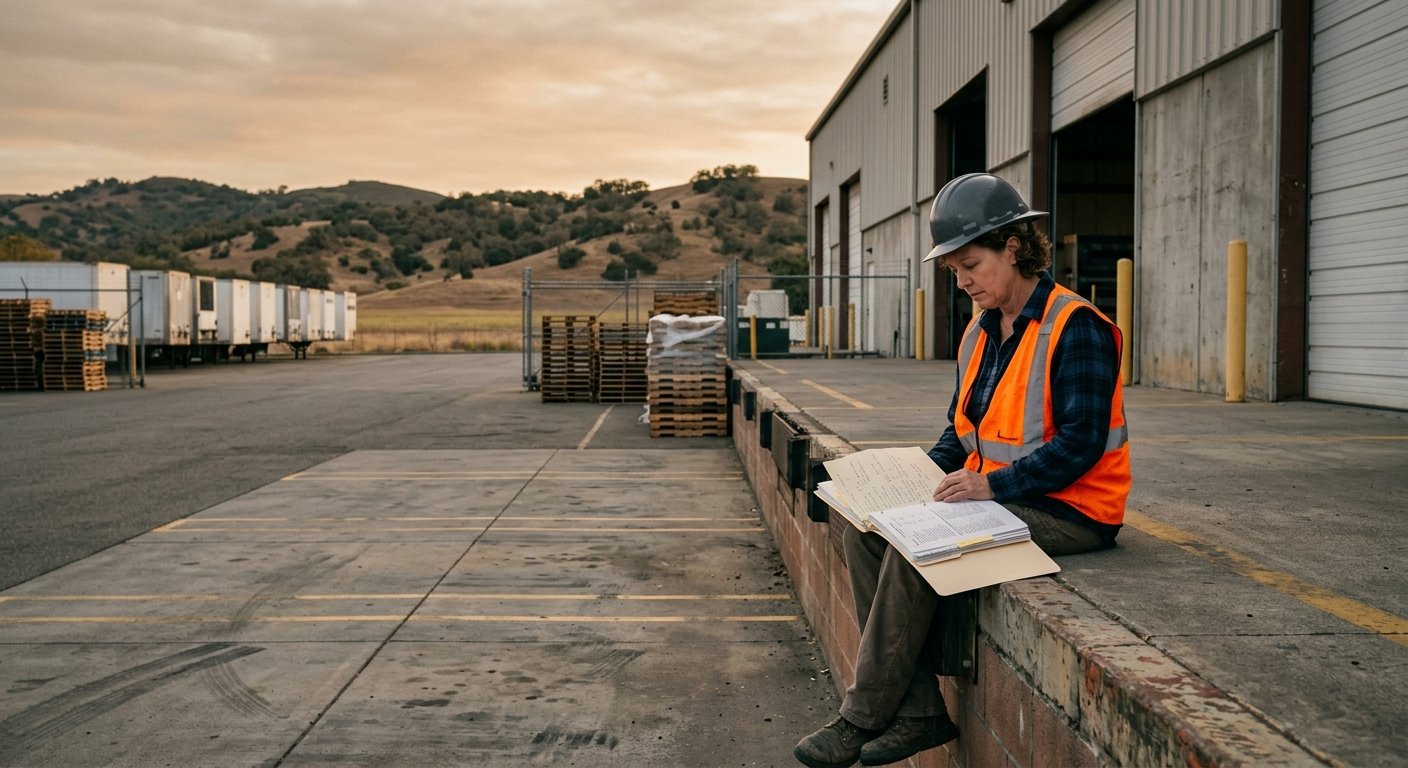 Injured warehouse worker in safety vest sitting on loading dock steps, reviewing paperwork alone in late afternoon light