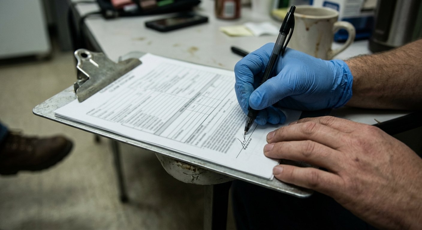 Gloved hand holding a pen to a signature line on a paper claim form attached to a metal clipboard