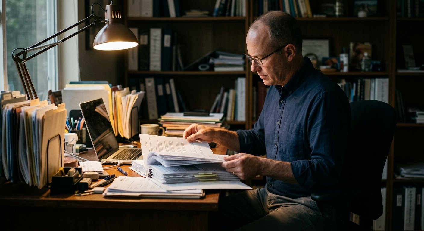 Man at a home office desk flipping through a thick stack of medical documents under warm lamp light in the evening
