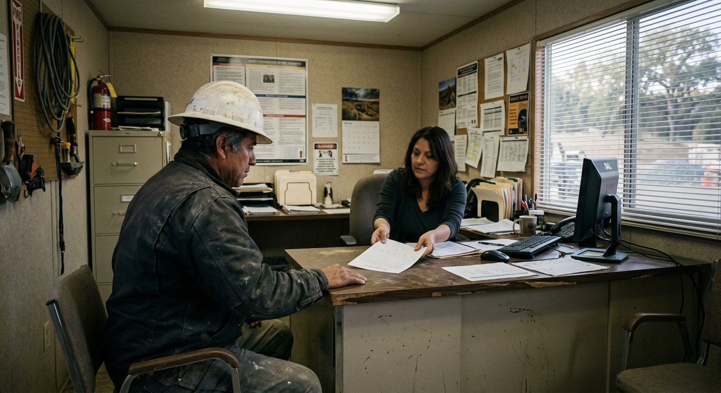 Injured construction worker in hard hat receiving a paper form from an HR manager across a desk in a site office trailer.