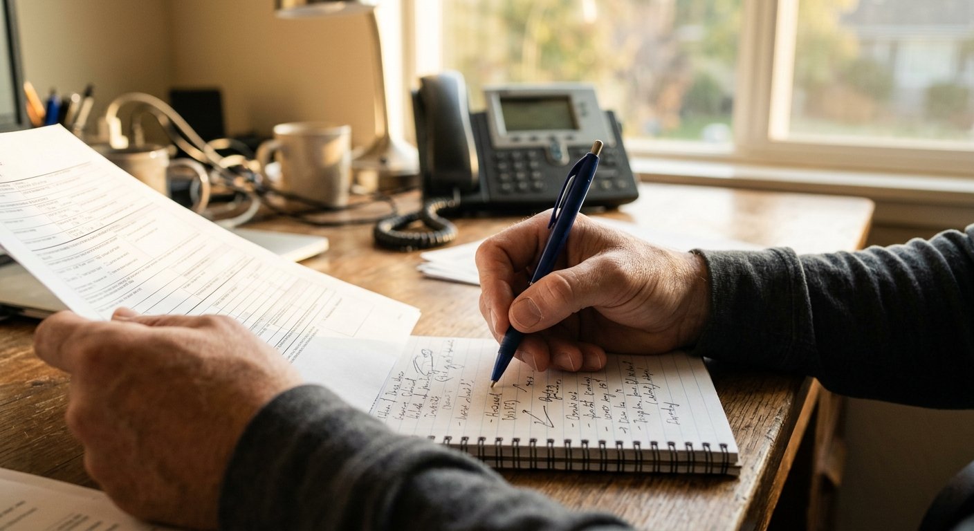 Close-up of hands reviewing a printed insurance claim form beside a notepad with handwritten notes, warm afternoon light