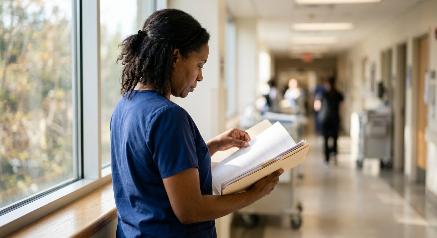 A Black woman in scrubs reviews medical documents by a sunlit hospital corridor window, mid-motion flipping through a folder.